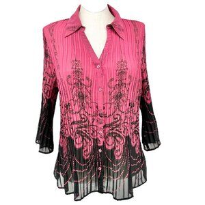 Lane Bryant Womens 18/20W Blouse Dark Pink Black Sheer Button-Down 3/4 Sleeves